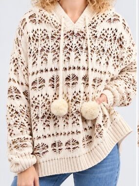 POL Cozy Oversized Open Knit Hooded Sweater Pom Pom Boho Cream Small
